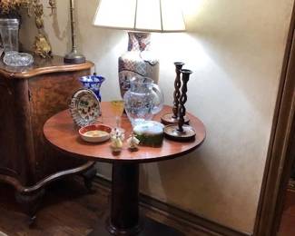 Antique table, barley twist candlesticks.