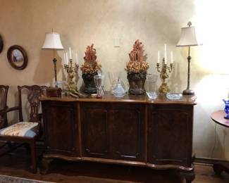 Antique side board, lamps, candlesticks