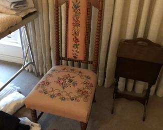 Needlepoint chair, sewing table