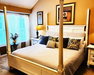 Beautiful White Wood Post Bed (Side night stands are not for sale) The Large Dresser that matches in the next picture is for sale.  