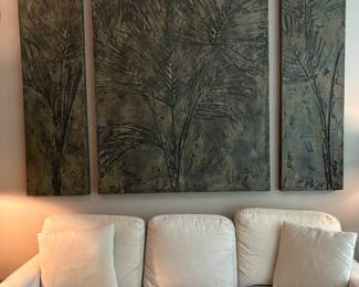 1.) Beautiful  Harming High Point Furniture Co...Canvas Like Slipcover Style Sofa.  Like new and extremely comfortable.  2.)  3 Piece artwork from "Fantashia", Metal with plaster relief. 5'X7.5'