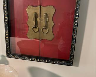 18X19 1/2" Framed Shadow Box Chinese Lock and Latch with traditional Red Background