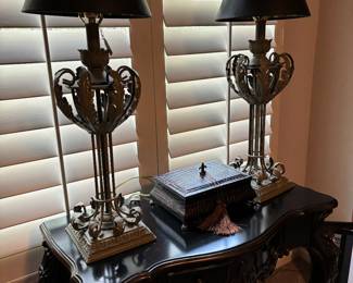 Victorian metal lamps with black shades. Approx 30”