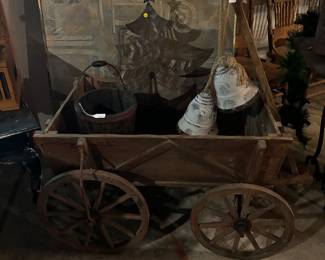 Antique  Wood Vegetable cart, wheels have iron rims