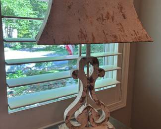 Love this fleur de lis  style lamp and shade - distressed white.