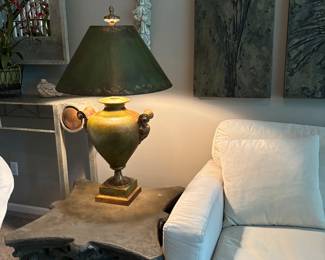 Grecian Style Lamp and shade with Green and bronze patina. 38"