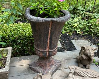 Beautiful Planted Urn.  Small and large concrete dragons