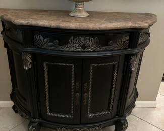 Black ( matches previous mirror) Console Chest with stone top. Beautifully turned legs and applique. 41"X19"