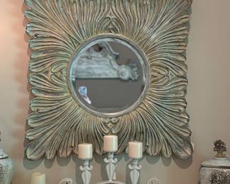 Petal Beveled Mirror - Muted Silver and Cream 36"X36". Iron Fluer De Lies Candle Holder and ceramic Accents