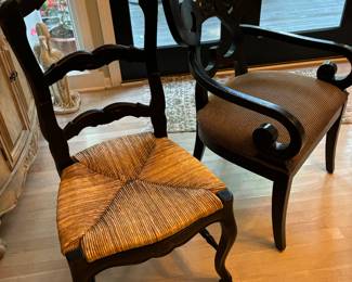2 Fleur De Lies  Bentwood Black Upholstered Chairs and 2 French Ladderback Rush Seat Chairs.