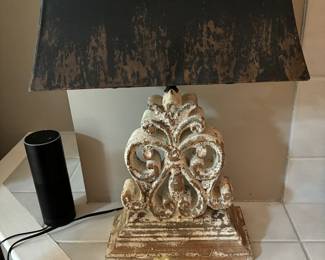 Wood Fleur De Lies Lamp with black shade.