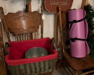 5 Pressed Back Oak Chairs, baskets, yoga mat, seasonal plaques