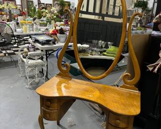Birdseye maple Vanity and oval mirror. Early 1900's