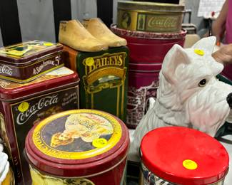 Vintage Cans, tins, wooden shoe forms. Westie Cookie Jar