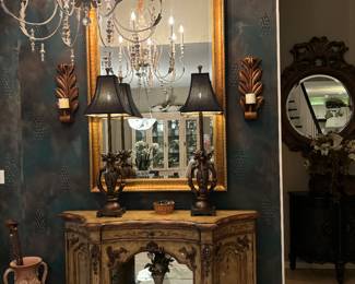 Gold Gilt Entry Beveled Mirror. 79"X43", Open Mirrored Curio Cabinet/Credenza w drawer and Doors. 60"X38"X18"..Stunning. Equally stunning..2 Entry Bronze Entry/Console Lamps.  Copper Color Leave Sconces. Country French Style.
