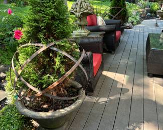 NOTE TO BUYERS.  ITEMS LOCATED ONLY ON DECK AND PATIO ARE FOR SALE.  LAWN AREA WILL BE ROPED OFF.  2 Concrete Pots with metal orb and evergreen shrub.  Purchaser must be prepared to remove from property upon purchase.