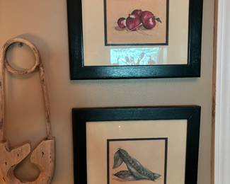 Love these vegetable prints and large oversize vintage safety pin. 12X13"