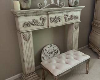 4'X4.5 Faux Fire Place Mantel.  Beautiful Fleur De Lis Pattern. Fluted Pillars with leaf pattern.  Hamilton Bench with linen tufted seat