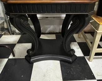 Love this black fleur de Lis Black table with natural wood top.