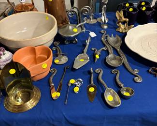 Patrick Meyers Pewter Octupus Tentacle Accessory pieces, crocks, copper kettle and coffee pot, brass candle holder