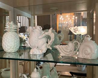 Love this white ceramic pinepple, Shell design pitcher, Shell Design Creamer and Shell Design sugar or cookie Jar