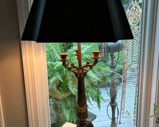 Wonderful Iron candelabra  style lamp with fluted black lampshade. 32"