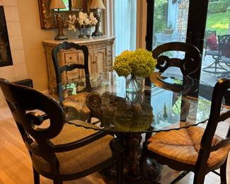 Magnificent Round 54" Beveled Scalloped edge Glass Table w Massive fleur de lies  Base.