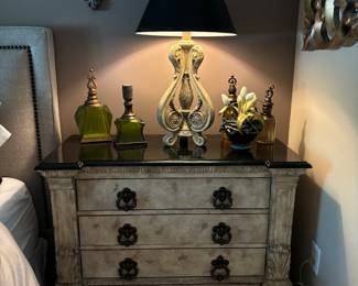 Country French Chest Painted with black stone top. 41x20x35.  Beautiful Lamp and Accent Decor. Black Shade