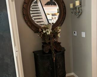 Beautiful Black and Burnished Beveled Mirror  56"X47". Black Chest with gold rub.  Doors are painted Cane. 33"X18"X36"  