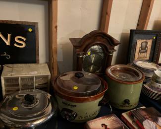 Crock Pots, Nice Westminister Quartz  Clock, Books, Storage