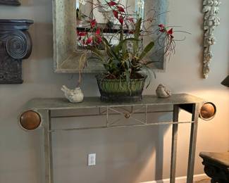 Art Deco Table 60"X14.5"X40". Medium Metal and copper. Stylized Forged metal.  Matching Mirror 39" Square