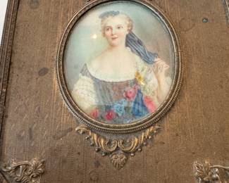 Antique hand painted miniature portrait brush and mirror set - signed