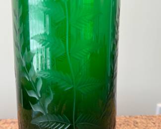 Rare 19th c. green glass decanter with etched fern design 