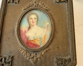 Antique hand painted miniature portrait brush and mirror set - signed