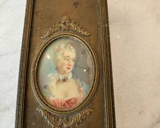 Antique hand painted miniature portrait brush and mirror set - signed