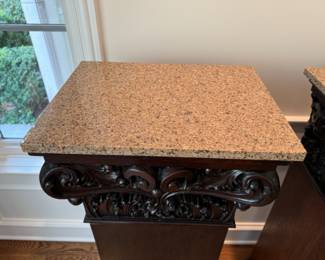 Pr carved pedestals with granite tops                                  47"h x 20"w x 15"d 