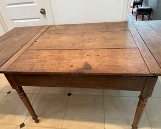 Rustic square farm table with stored leaves                                                     31"h x 41"x 45" plus two 20" pull-out leaves