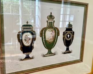 Antique hand-colored lithographs depicting Sevres vessels           frame size 20"h x 23.5"w 