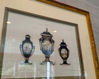 Antique hand-colored lithographs depicting Sevres vessels           frame size 20"h x 23.5"w 