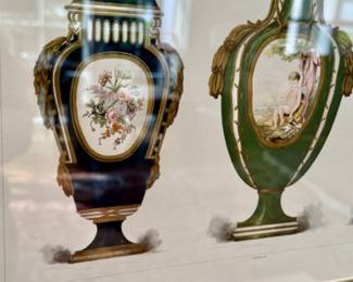 Antique hand-colored lithographs depicting Sevres vessels           frame size 20"h x 23.5"w 