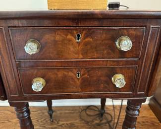 Classical carved mahogany drop leaf stand with glass pulls    29"h 18"w x 17"d