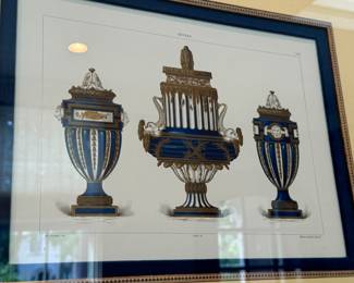Antique hand-colored lithographs depicting Sevres vessels           frame size 20"h x 23.5"w 