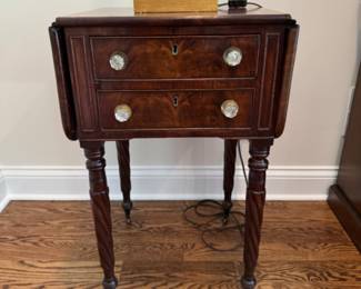 Classical carved mahogany drop leaf stand with glass pulls    29"h 18"w x 17"d