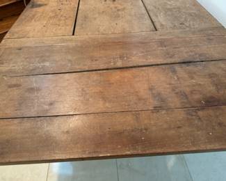 Rustic square farm table with stored leaves                                                     31"h x 41"x 45" plus two 20" pull-out leaves