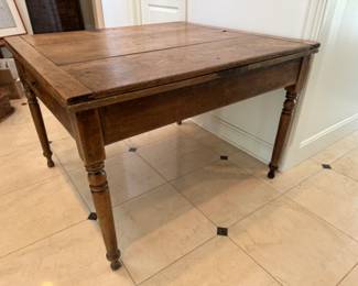 Rustic square farm table with stored leaves                                                     31"h x 41"x 45" plus two 20" pull-out leaves