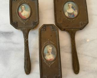 Antique hand painted miniature portrait brush and mirror set - signed