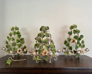 Vintage Italian tole floral sconces and centerpiece  (Notice the lovebirds inside the centerpiece!)