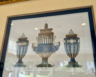 Antique hand-colored lithographs depicting Sevres vessels           frame size 20"h x 23.5"w 