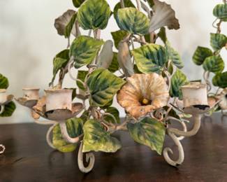 Vintage Italian tole floral sconces and centerpiece  (Notice the lovebirds inside the centerpiece!)
