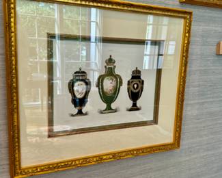 Antique hand-colored lithographs depicting Sevres vessels           frame size 20"h x 23.5"w 